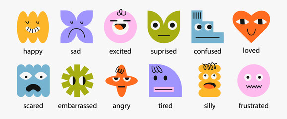 Colorful vector emotion set face characters labeled with different feelings. Educational emotional intelligence toolkit for kids, therapy, classrooms and social emotional learning activities. © bosotochka