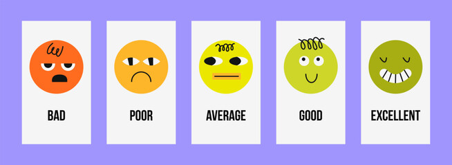 Vector emotion rating scale  cards with abstract face characters ranging from bad to excellent.  Ideal for customer satisfaction surveys, UX rating systems, education materials and psychology projects © bosotochka