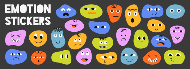 Cute emotion face sticker set representing different moods and feelings. Vector illustration for education and design. © bosotochka