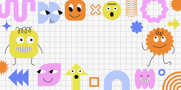 Cute vector social template with abstract face characters and empty cloud text frame. Bright playful design ideal for kids content, quotes, stickers, posters, school projects and social media graphics