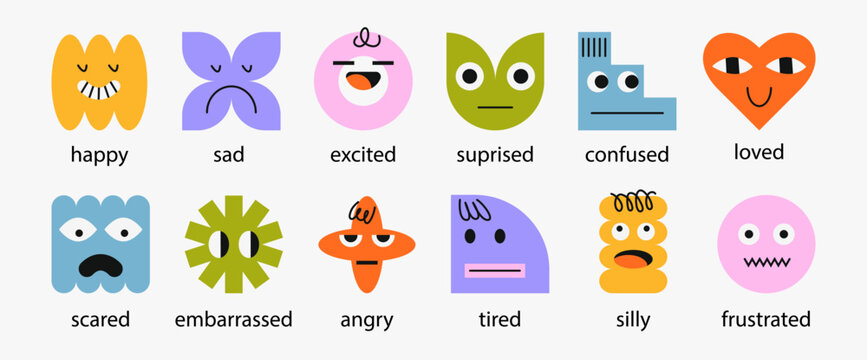 Colorful vector emotion set face characters labeled with different feelings. Educational emotional intelligence toolkit for kids, therapy, classrooms and social emotional learning activities.