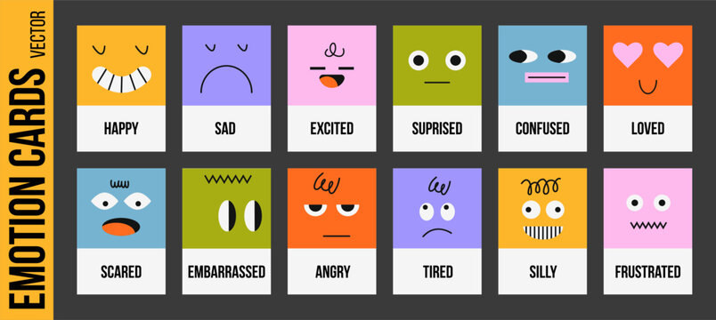 Colorful vector emotion cards set featuring abstract face characters labeled with different feelings. Educational emotional intelligence toolkit for kids, therapy, classrooms and social emotional lear