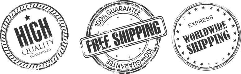 Three circular stamps with the words high, free shipping, and worldwide shipping © Hridoy