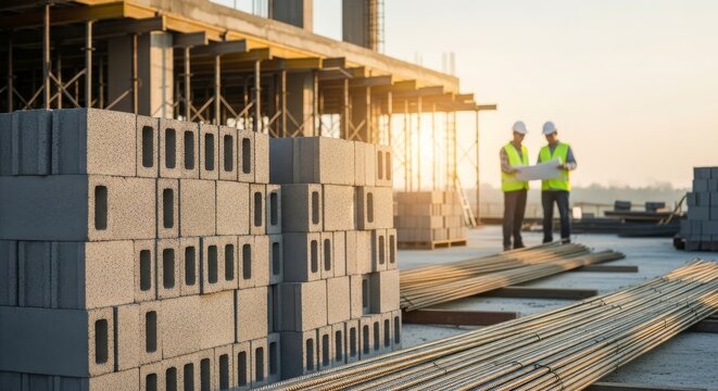 Construction workers inspecting building materials on a construction site during sunrise