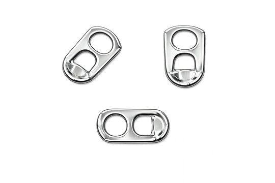 Metal aluminum ring pull tabs for beverage cans, shiny silver soda drink openers, easy open packaging concept