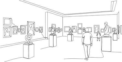 Fototapeta premium Art gallery interior line art with visitors viewing sculptures and paintings