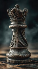 Antique Wooden Chess Queen Piece on Vintage Board with Ethereal Smoke and Cinematic Lighting
