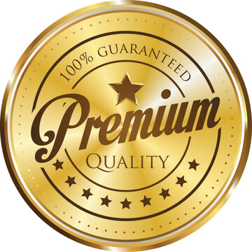 A golden seal with the words premium quality and 100 percent guarantee