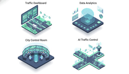 Isometric smart city traffic management graphics data analytics, AI control, urban command rooms, and real-time dashboards for modern infrastructure