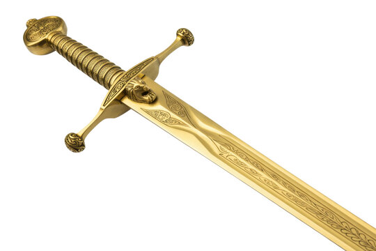 Gold sword with intricate metallic shiny ornate isolated on a transparent background