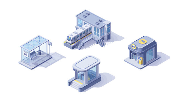 Isometric public transportation infrastructure set for urban city life, featuring bus stops, train stations, and subway entrances as a vector graphic collection