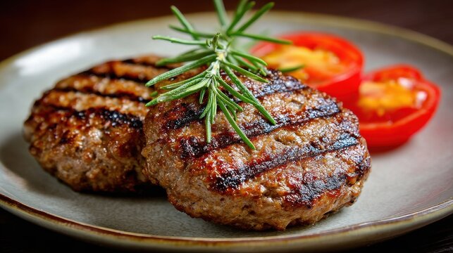 Juicy grilled beef burger patties garnished with fresh rosemary and tomatoes on a ceramic plate