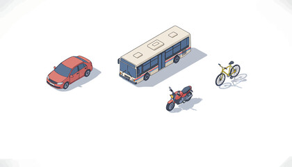 Collection of diverse transportation vehicles including a car, bus, motorcycle, and bicycle on a white background