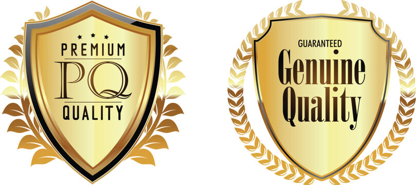 Two gold badges with the words premium pq quality and genuine quality on them.