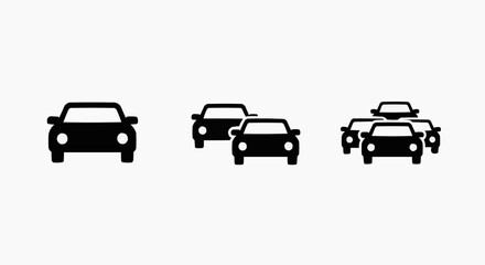 Car traffic jam and congestion icon set, frontal view automobile silhouettes, urban transport symbols isolated on white.