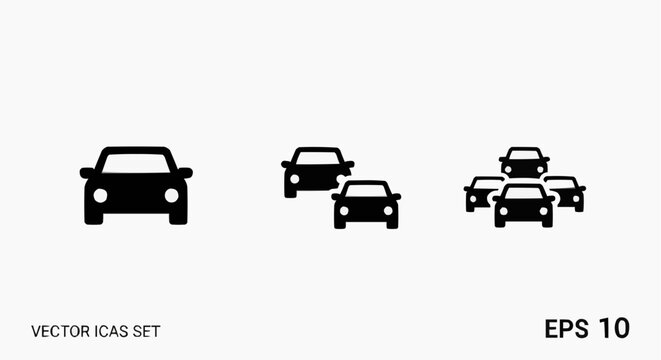 Car traffic jam and congestion icon set, frontal view automobile silhouettes, urban transport symbols isolated on white.