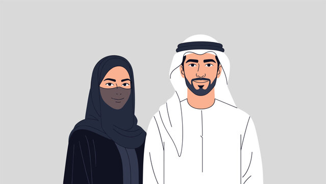 Flat vector illustration of a young muslim couple from the Middle East wearing traditional clothing on a light gray background.