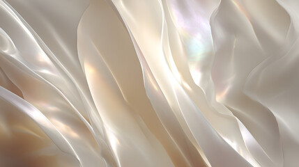 Fototapeta premium Flowing pearl white iridescent fabric backdrop creating elegant waves and soft drapes, reflecting shimmering light and luxurious abstract texture for a sophisticated background