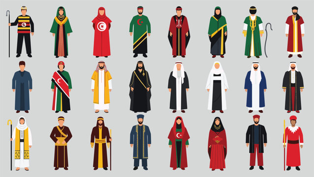 Diverse collection of people from various Arab and Middle Eastern countries wearing a wide range of traditional ethnic clothing.