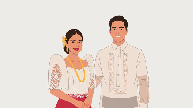 Happy Filipino couple wearing elegant traditional national attire, the Barong Tagalog for men and the Filipiniana dress for women.