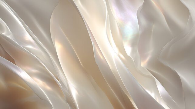 Flowing pearl white iridescent fabric backdrop creating elegant waves and soft drapes, reflecting shimmering light and luxurious abstract texture for a sophisticated background