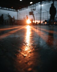 People play basketball on an indoor court at sunset with lights reflecting