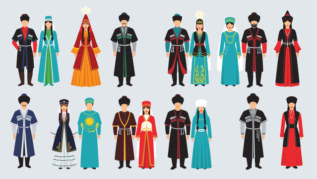 Large set of couples representing various Turkic and Caucasian ethnic groups in diverse and colorful traditional national costumes.