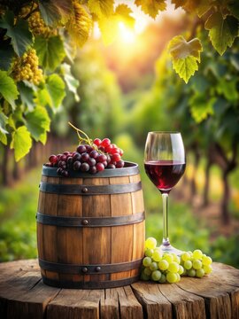 Rustic old wooden barrel filled with a glass of red wine surrounded by lush green grapes and vines