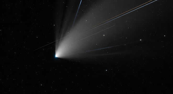 Comet flying through deep space with long glowing tail and dust trail moving across starry sky background in black and white monochrome