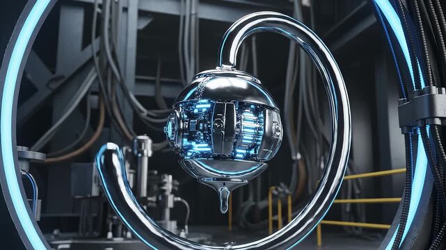 Futuristic Metallic Orb Transforms And Spins Within Sci-Fi Reactor Cha