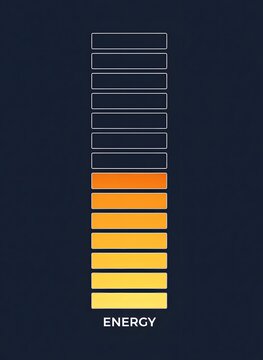 Energy level indicator with gradient yellow to orange bars, showing power, charge, or strength. Abstract battery meter concept on dark background with 'ENERGY' text.