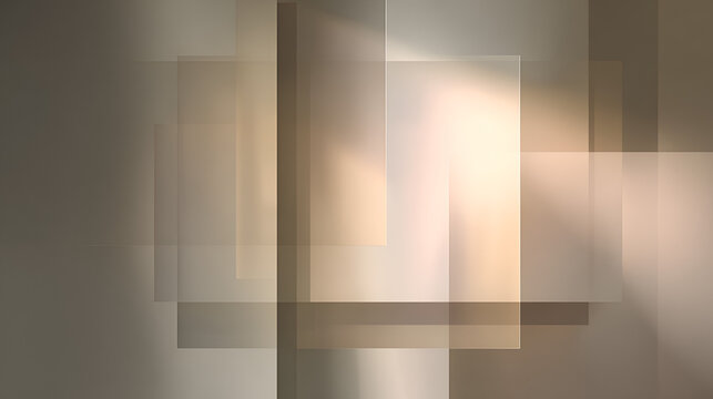 Abstract geometric pattern showing layered transparent rectangles in neutral sepia and brown tones, creating an elegant backdrop with soft shadows and glowing areas