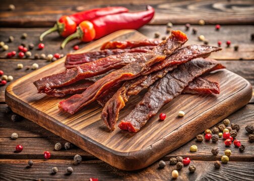 Homemade beef jerky strips on a wooden board with a subtle pepper background