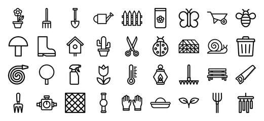 Naklejka premium Sustainable gardening and horticulture monoline icons featuring professional cultivation tools, organic planting equipment, and backyard landscaping elements.
