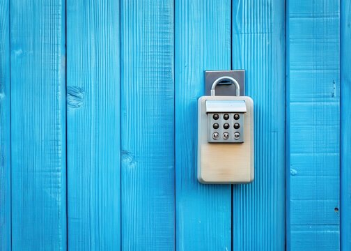 Combination lockbox mounted on a blue wooden wall for safe key storage at a property's entrance