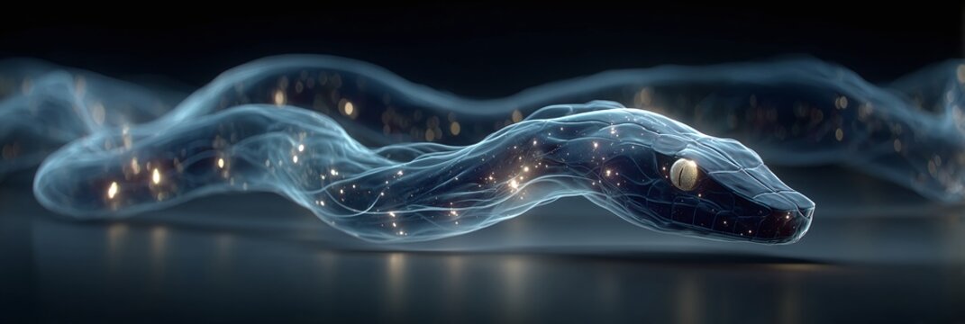Glowing blue smoke waves form a snake-like shape on a dark surface