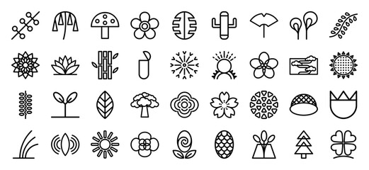 Fototapeta premium Japanese botanical monoline motifs and floral symbols for cultural branding. Minimalist line art featuring cherry blossoms, bamboo, and zen nature elements.