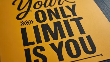Fototapeta premium Close-up of a vibrant yellow poster featuring the powerful motivational quote 'Your only limit is you' in bold black letters, inspiring self-belief and personal growth to overcome challenges.