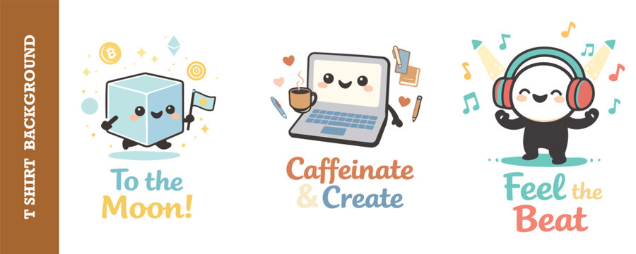 Cute and colorful cartoon illustrations featuring cryptocurrency moon theme caffeine creativity and music beat isolated on transparent background