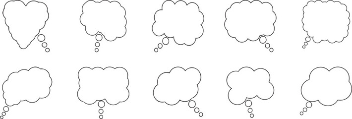 Cloud thought bubble outline set with comic speech shapes, clean hand drawn style ideal for messaging, chat design, stickers, education materials, and creative graphic layouts.