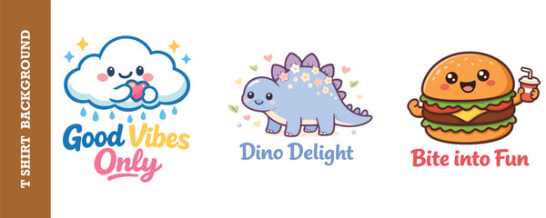 Fototapeta premium Cute and colorful cartoon tshirt design collection featuring happy cloud raining with good vibes text cute dinosaur and cheerful burger character isolated
