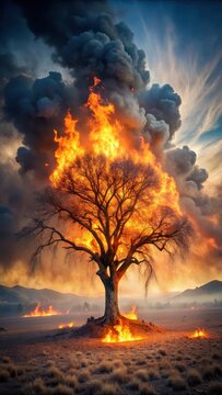 A lone tree burns as flames engulf a rural area near Los Angeles