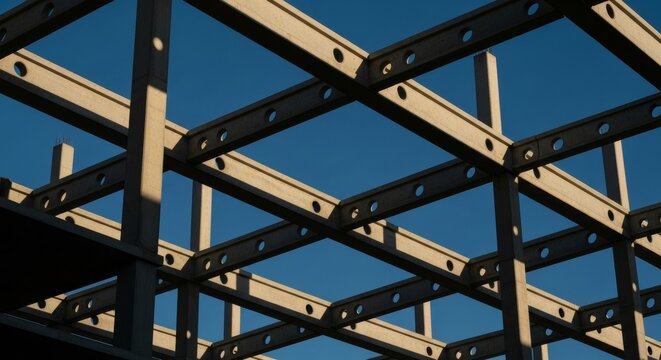 Steel construction framework against a clear blue sky during daytime construction process