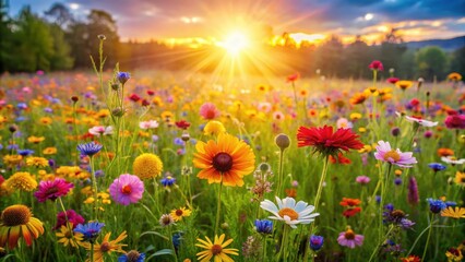 Obraz premium A warm sun shines down on a vibrant meadow