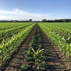 Fototapeta premium Lush Cornfield Rows Stretching to the Horizon on a Sunny Day.