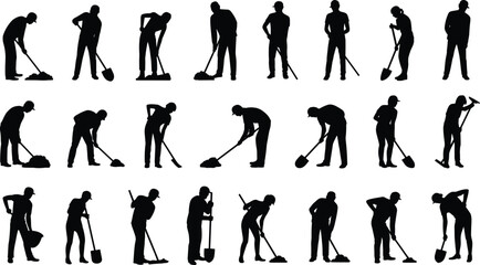 Worker silhouettes, shoveling and sweeping illustration, broom and shovel art, manual labor concept, occupational posture design, industrial workforce representation © MdAminur