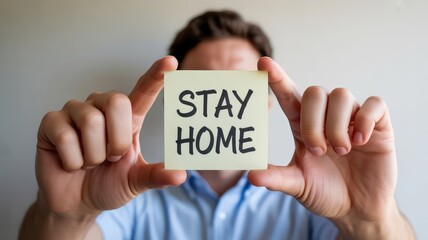Unrecognizable person holds up a vibrant yellow sticky note displaying the clear, imperative message "stay home" to advocate for public health safety and community well-being.