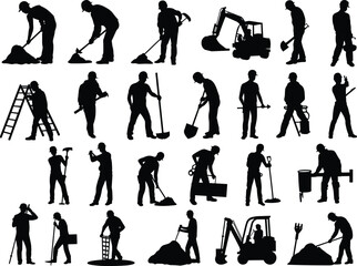 Construction worker silhouettes, jackhammer and shovel illustration, ladder and forklift art, excavator and measurement design, building site workforce representation © MdAminur