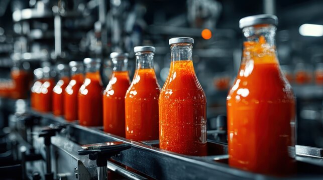 Rows of red sauce bottles moving on a factory conveyor belt. Perfect for themes of food processing, industry, and efficiency.