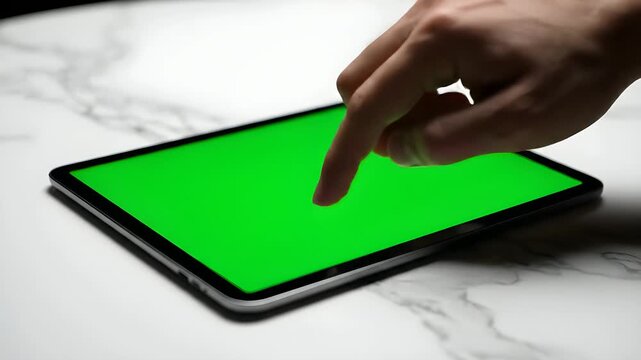 Closeup Tablet Green Chroma Key on Marble Table Smooth Pan